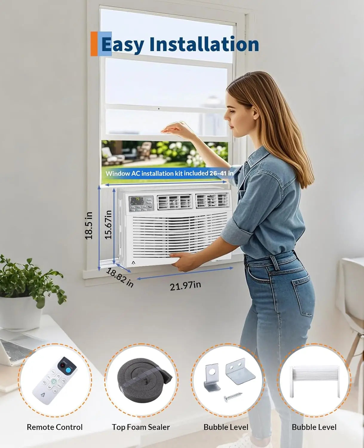 8000Btu Window Air Conditioner, Smart Air Conditioner Window Unit Remote/App Control, Cools Up to 350 Sq. Ft., Dehumidifier, Fan