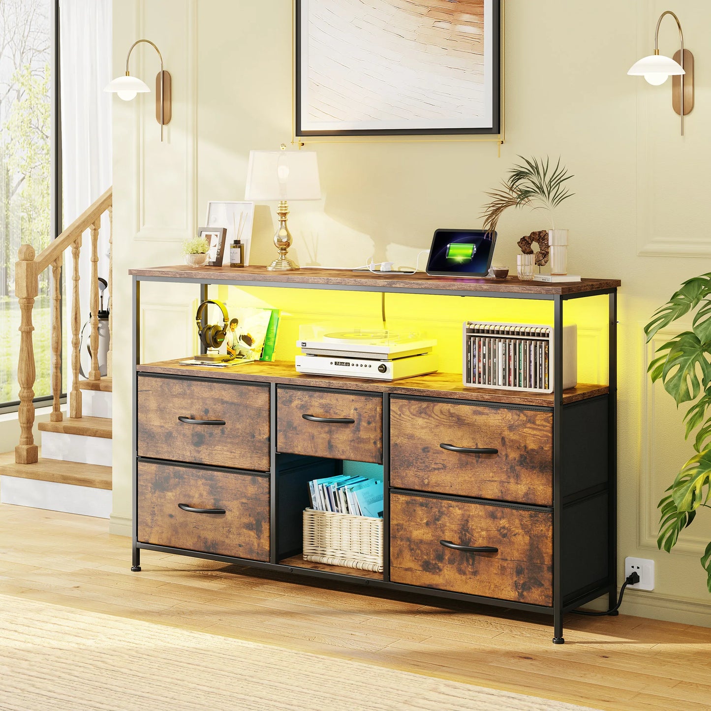 5‑Drawer TV Console with LED Accent Lights – 45/50" Compatible, Metal Frame, Leveling Feet, Scratch‑Resistant Top, Quick Assembly – Spacious Shelves + Fabric Drawers – Ideal for Dorm, Apartment, Living Room Use