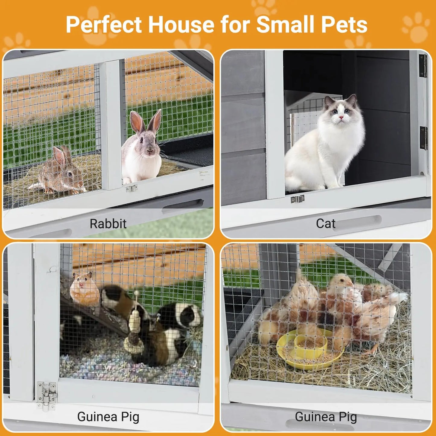 63in Bunny Hutch Indoor, Wooden Rabbit Cage 2-Tier With 3 Removable Trays, Waterproof Roof Bunny House Outdoor Coop