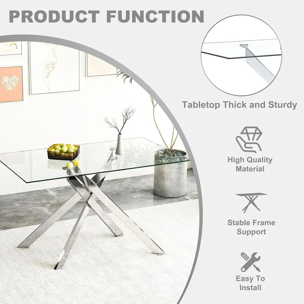 51.18" Glass Dining Table Set or 4, ern Dining Room Table Set with 4 Upholstered Leather Chairs, Space-Saving Recular Glass Tabl