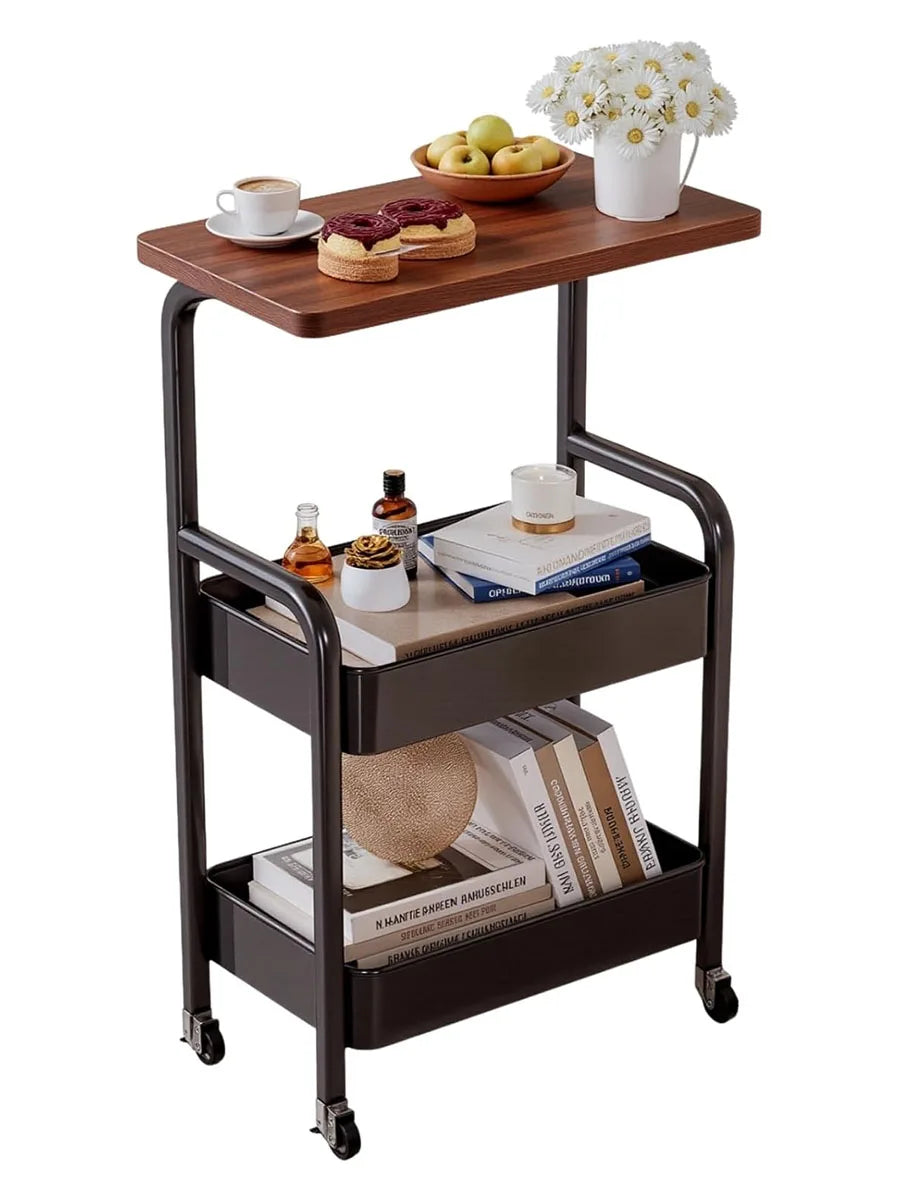 Metal Rolling Storage Cart With Walnut Wood Top Three Tiers