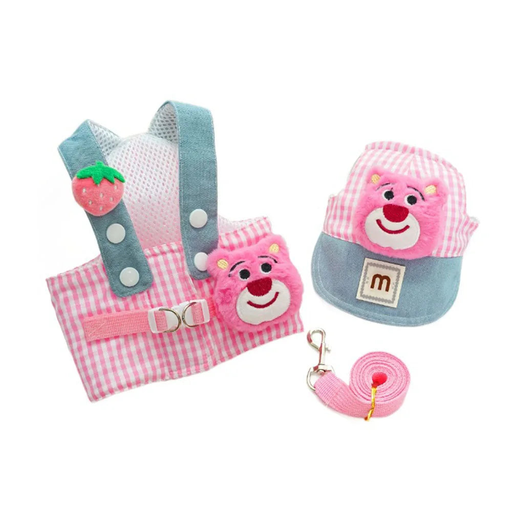 Spring and Summer Outdoor Pet Supplies 3pcs/set Dog Harness Leash Sun Hat for Small Dogs Kitten Cap Frog Bear Fries Pet Clothes