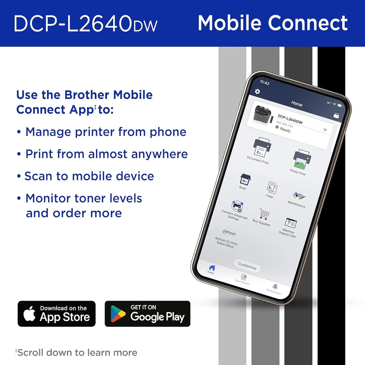 DCP-L2640DW Wireless Compact Monochrome Multi-Function Laser Printer with Copy and Scan