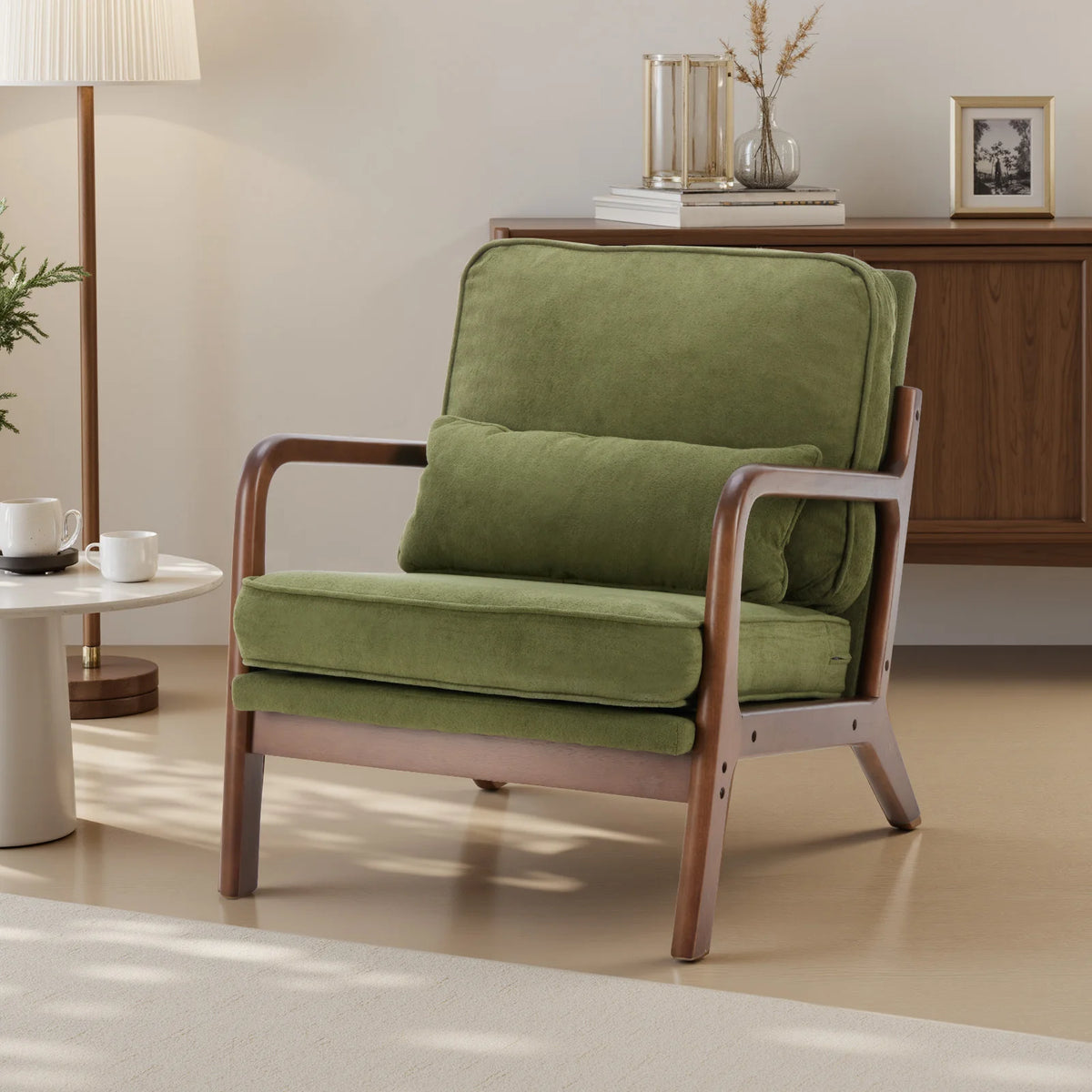 JHK Mid Century Modern Chair Solid Wooden Frame Accent Chair with Arms and Waist Cushion Reading Chairs for Adults Lounge Chair