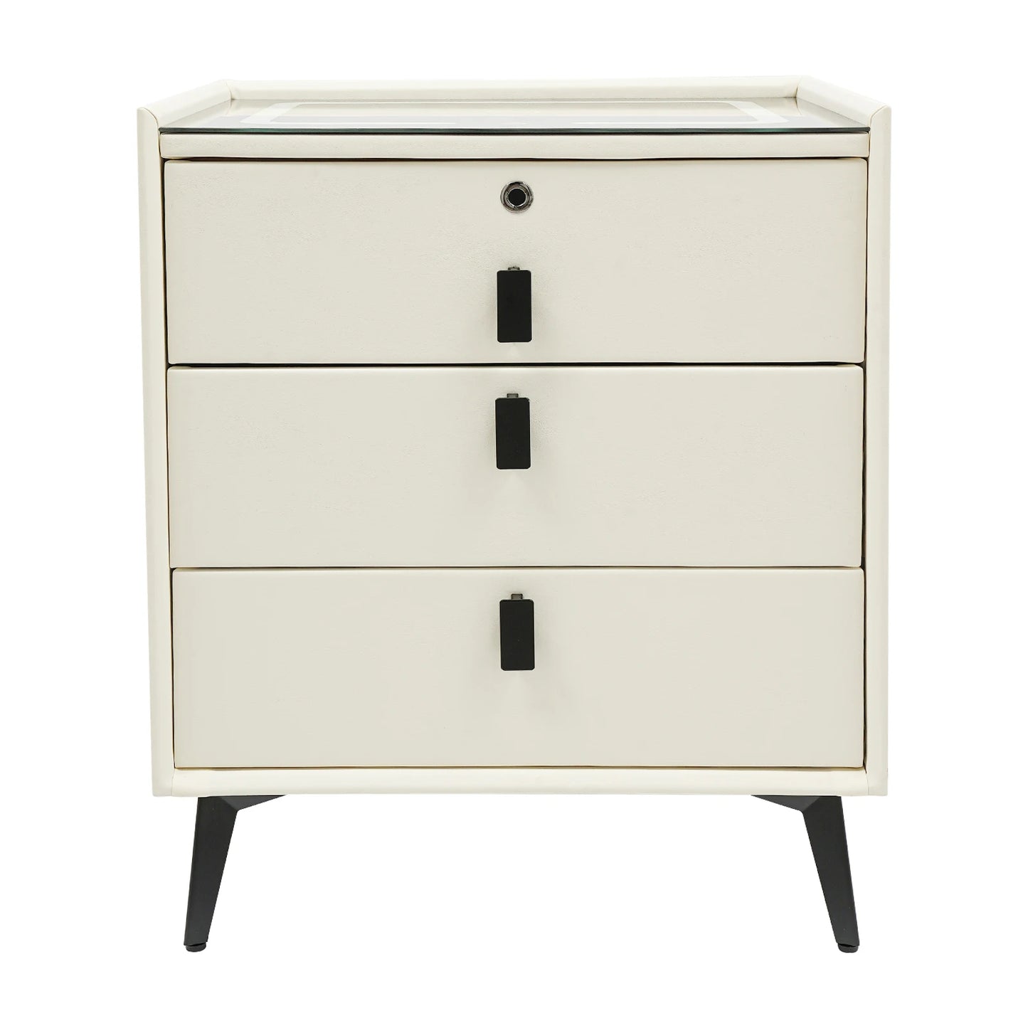 Solid Wood Smart Bedside Table with Drawers - Beige White Nightstand, USB/ Wireless Charging + Bluetooth Speaker