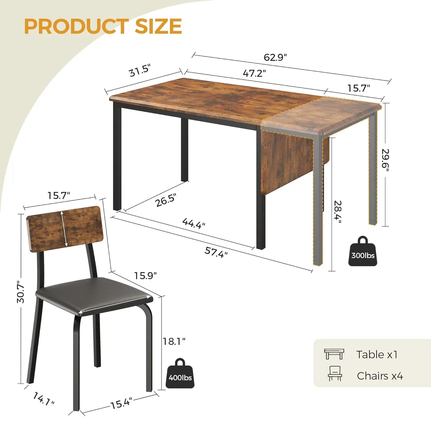 5-Piece 63" Extendable Dining Table with 4 Upholstered Chairs, Kitchen Table Set for 4-8 People, Dining Room Sets, Customized