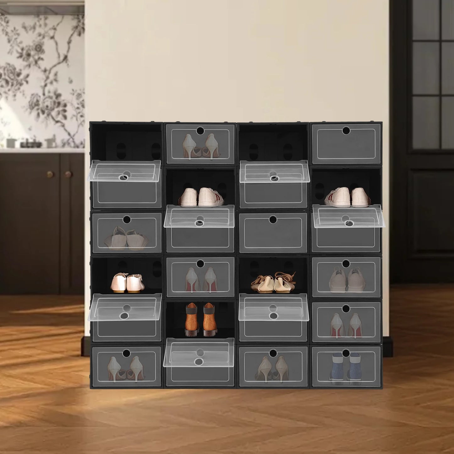 24-Pack Large Black Flip-Top Shoe Boxes - Stackable Clear Closet Organizer Storage Containers for Men & Women - Shoe Organizer