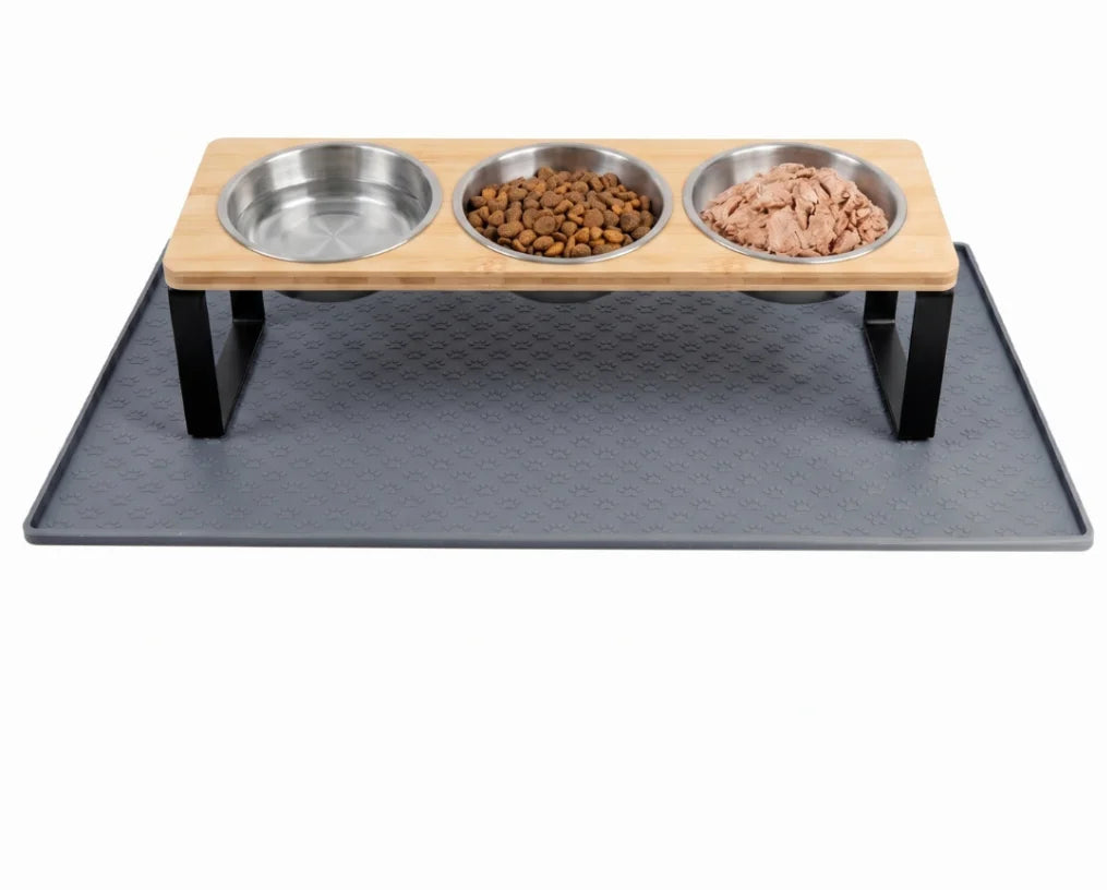 Elevated Cat Feeder Tilt 15° With Bamboo Iron Stand Bowls