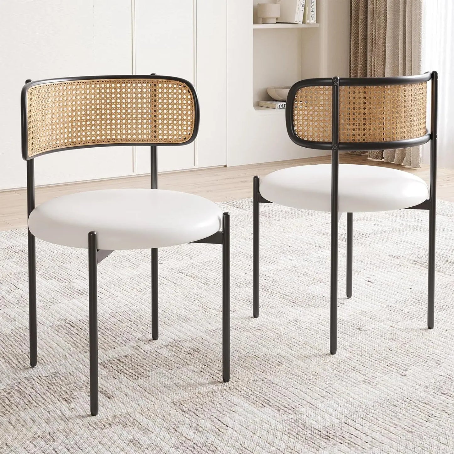 Farini PU Leather Dining Chairs With Woven Rattan Back