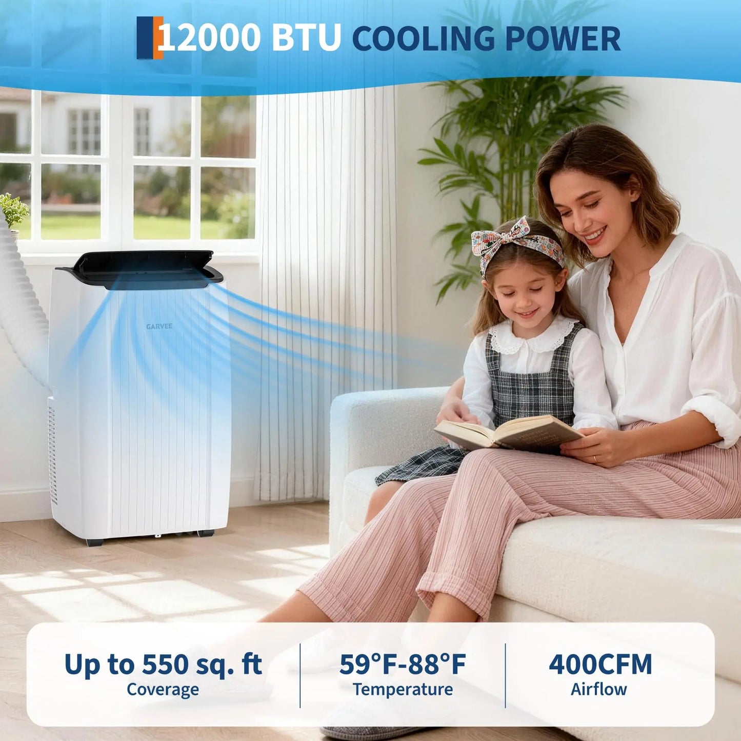 12000 BTU Portable Air Conditioner, Portable AC Unit with Dehumidifier, Fan and Remote Control, Energy Efficient Indoor AC Conditioner for Rooms Up to 550 Sq. ft., White