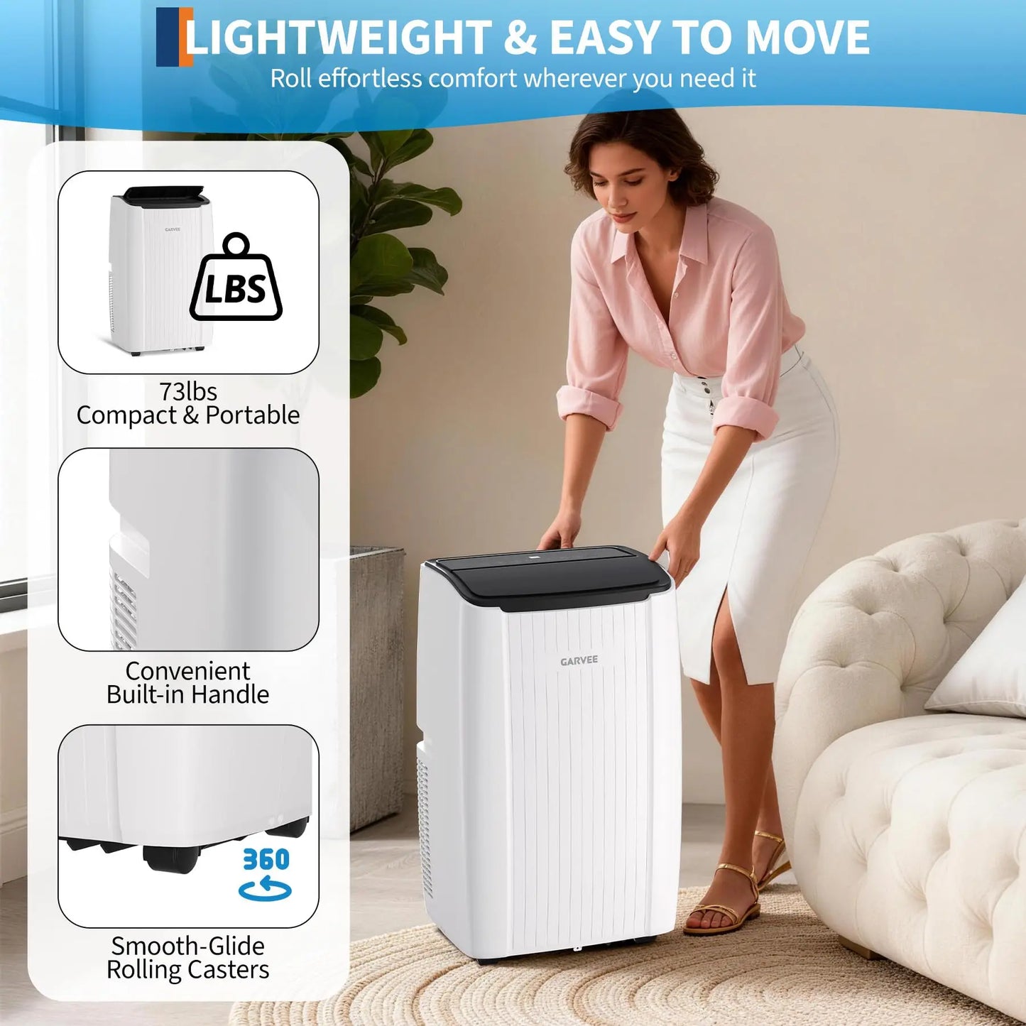 12000 BTU Portable Air Conditioner, Portable AC Unit with Dehumidifier, Fan and Remote Control, Energy Efficient Indoor AC Conditioner for Rooms Up to 550 Sq. ft., White