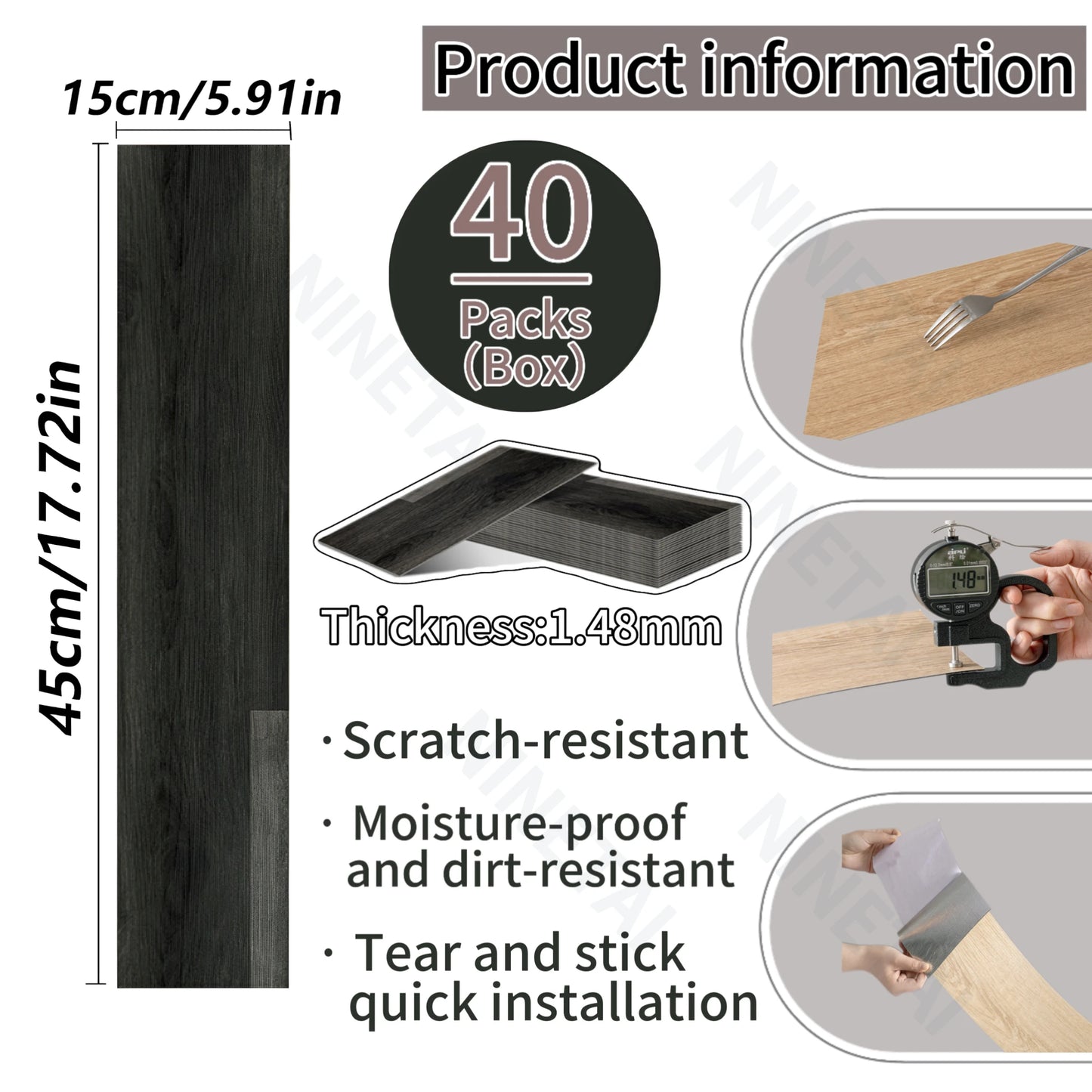 NINETAI 40 pieces of luxury wood-grain vinyl base panels, self-adhesive waterproof peel-off tiles, 17.8 inches x5.9 inches