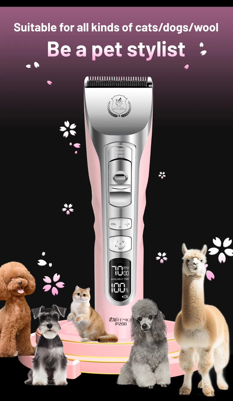 Fenice Sakura Pink Dog Hair Cutting Machine 5000mA Capacity Cordless LCD Screen Pet Dog Grooming Clipper Rechargeable Shaver Set
