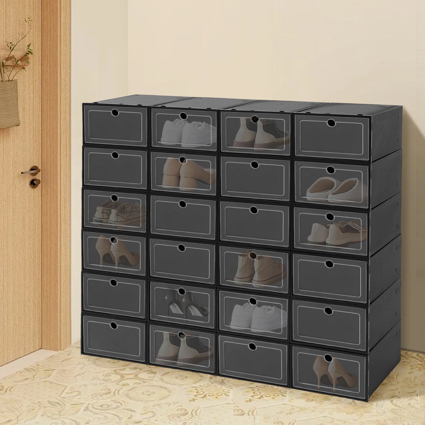 24-Pack Large Black Flip-Top Shoe Boxes - Stackable Clear Closet Organizer Storage Containers for Men & Women - Shoe Organizer