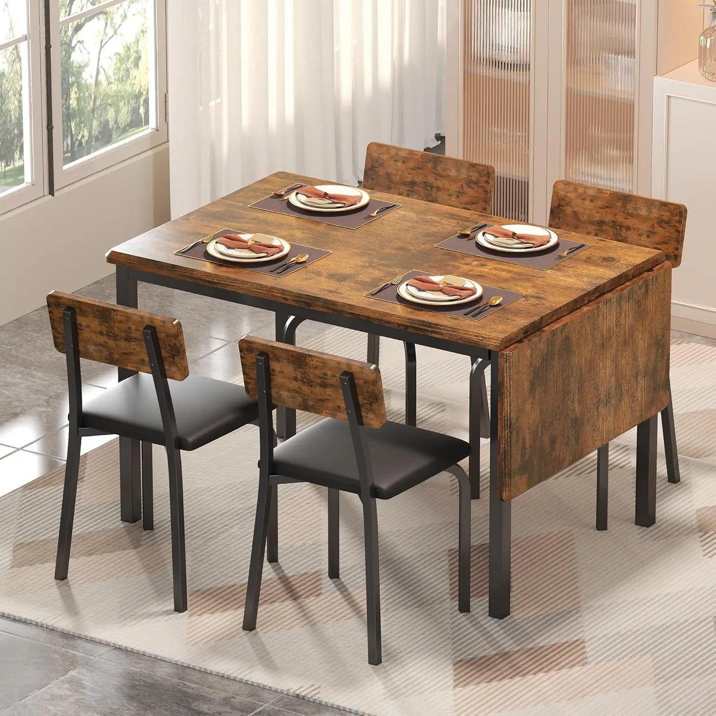 5-Piece 63" Extendable Dining Table with 4 Upholstered Chairs, Kitchen Table Set for 4-8 People, Dining Room Sets, Customized