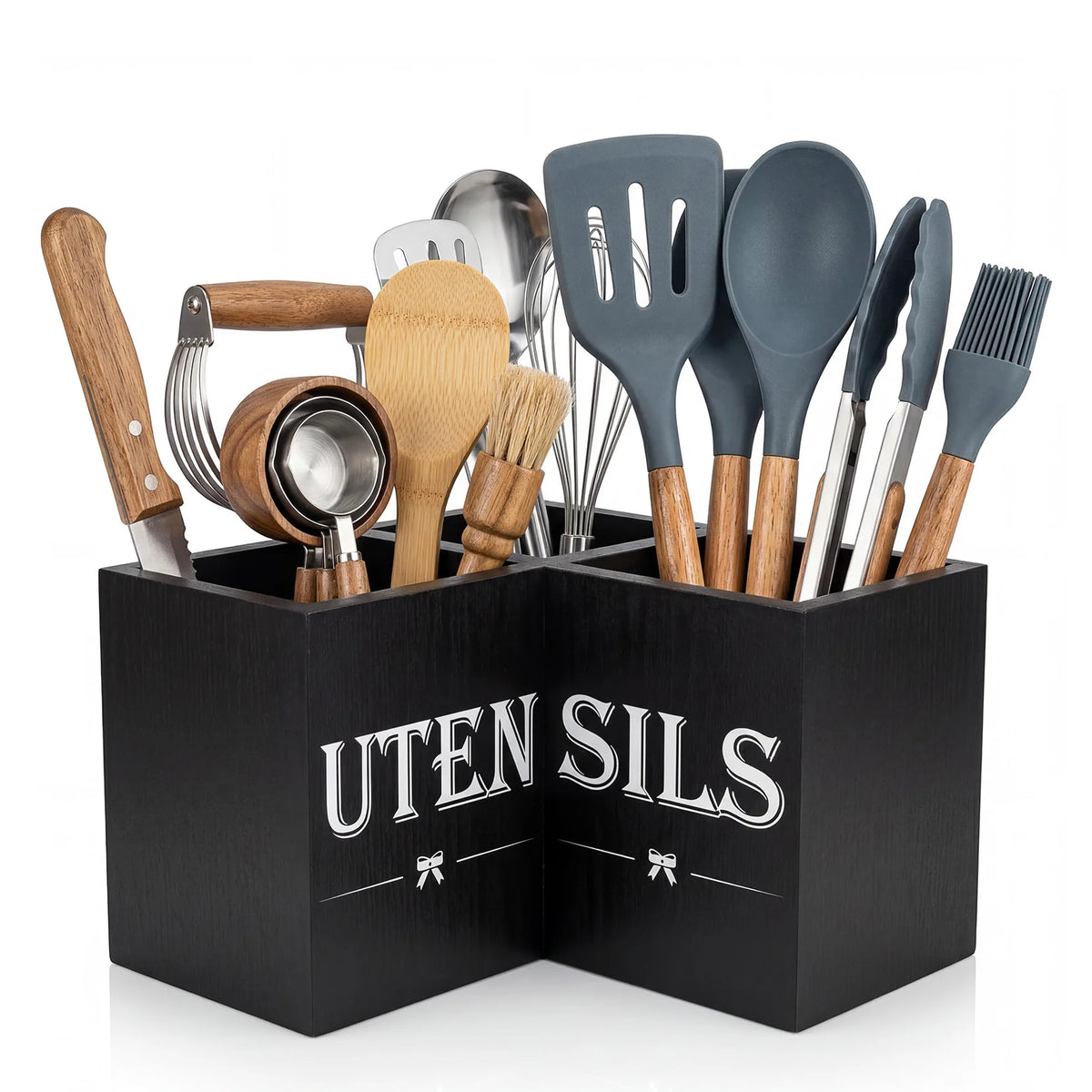 Wooden Kitchen Utensil Holder Corner Cooking Tool Organizer
