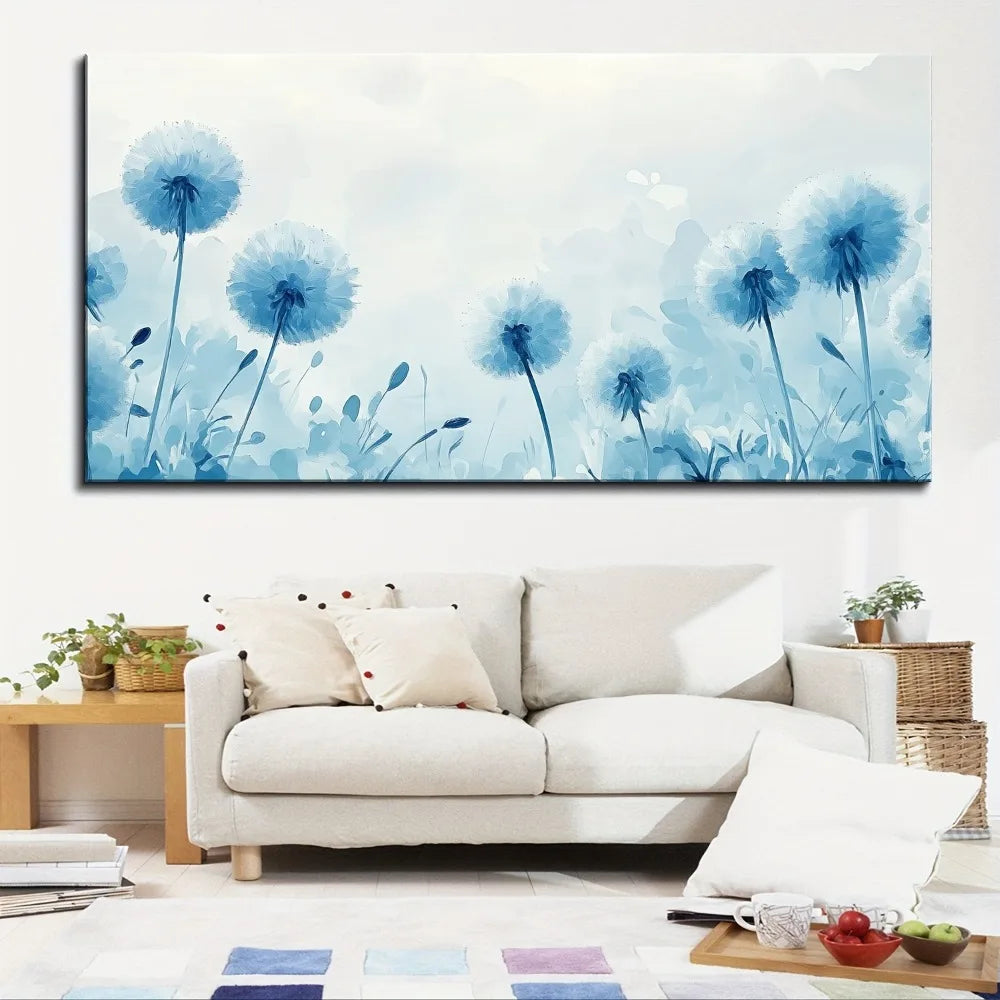 1.5 inch thick pine solid wood frame, dandelion oil painting, blue and white dandelion flower butterfly, interior decoration