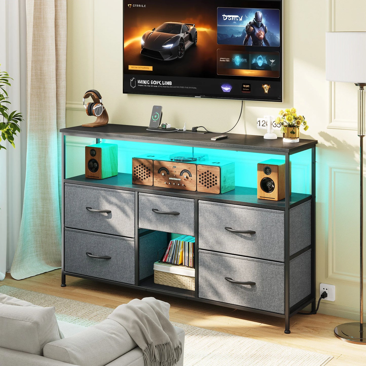 5‑Drawer TV Console with LED Accent Lights – 45/50" Compatible, Metal Frame, Leveling Feet, Scratch‑Resistant Top, Quick Assembly – Spacious Shelves + Fabric Drawers – Ideal for Dorm, Apartment, Living Room Use