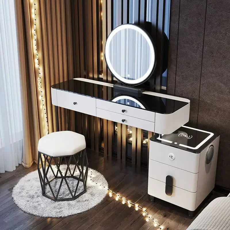 Modern Wooden Makeup Vanity With Wireless Charging And LED Mirror