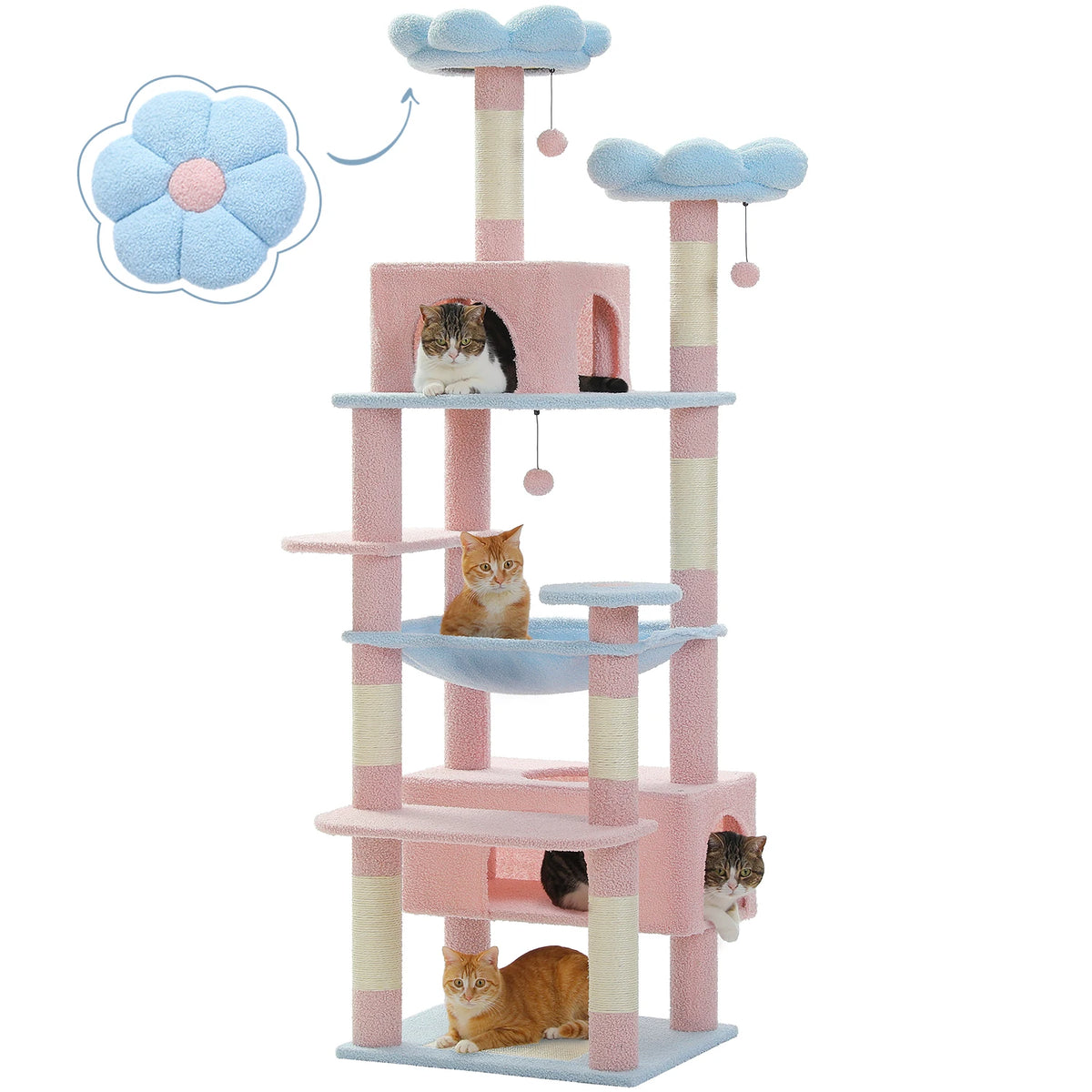 184cm Large Cat Tree Tower for Indoor Cats With Sisal-Covered Scratching Posts Spacious Hammock Padded Perches and Condos Blue