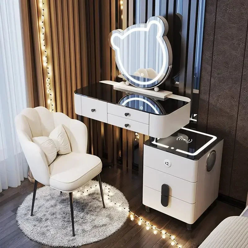 Modern Wooden Makeup Vanity With Wireless Charging And LED Mirror