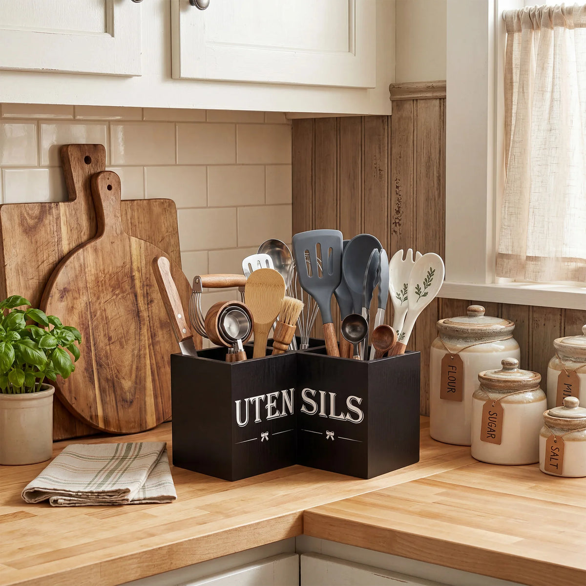 Wooden Kitchen Utensil Holder Corner Cooking Tool Organizer