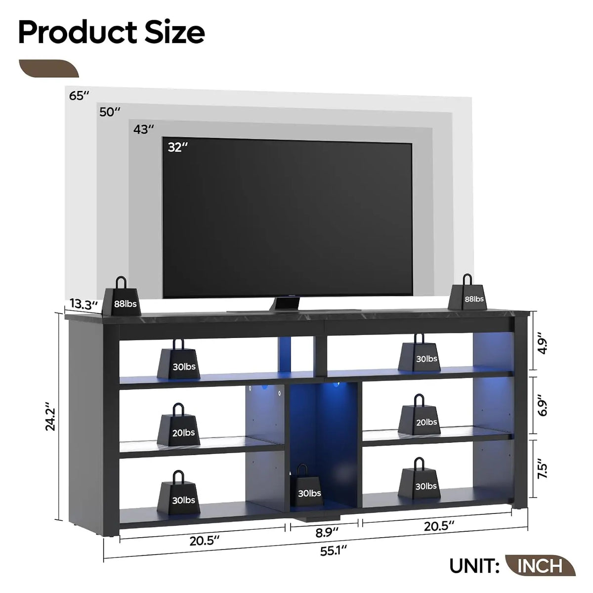 LED Tall Entertainment Center for 55/60/65 inch TV, TV Stand with Storage for PS4 Xbox, Adjustable Shelf Media, Customized