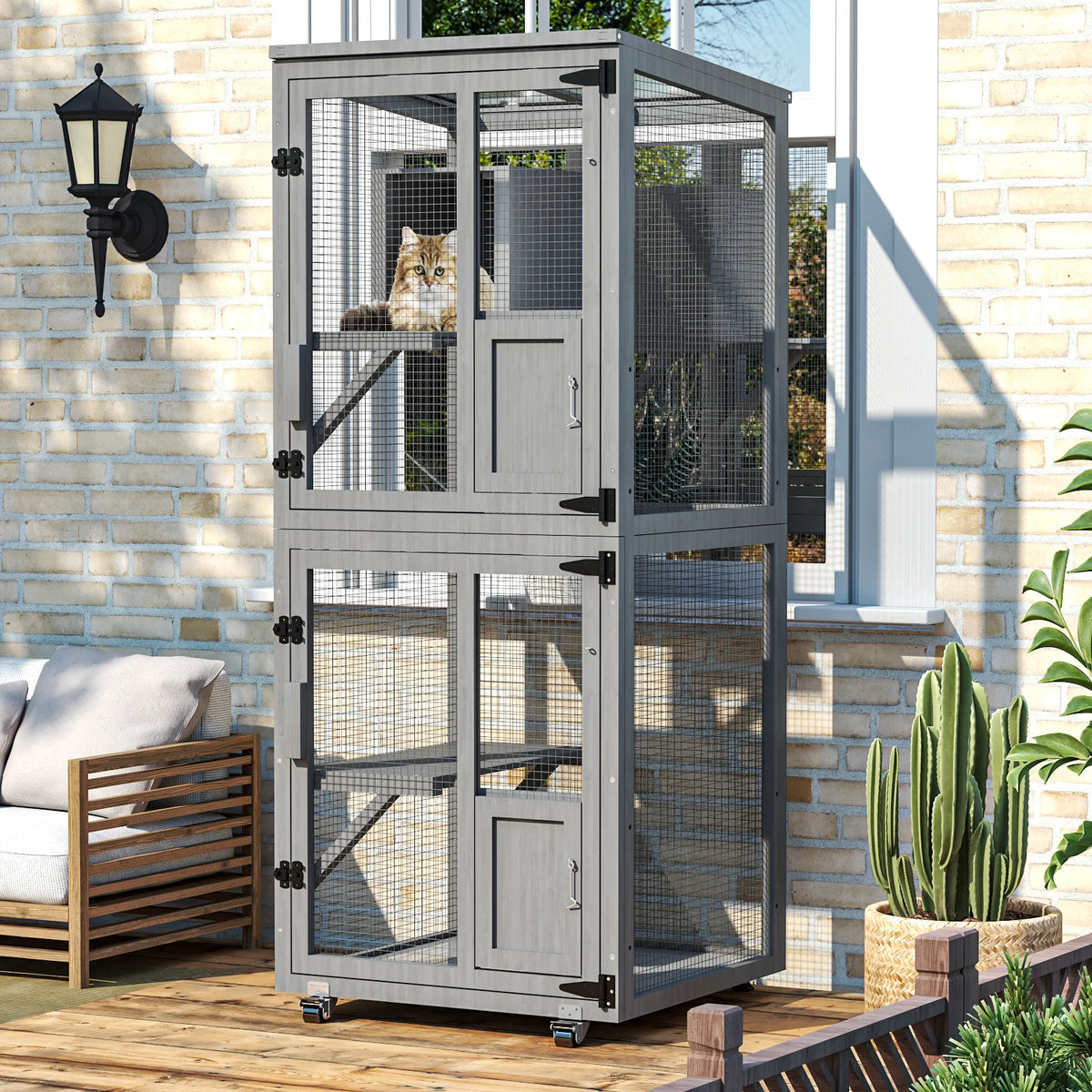 4-Tier Large Outdoor Cat Catio, Cat Enclosure with Wheels, Waterproof Roof, 4 Doors & Resting Box, Grey/Black
