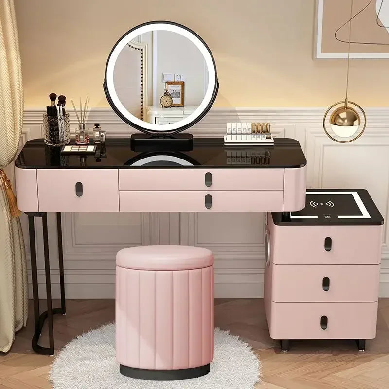 Modern Wooden Makeup Vanity With Wireless Charging And LED Mirror
