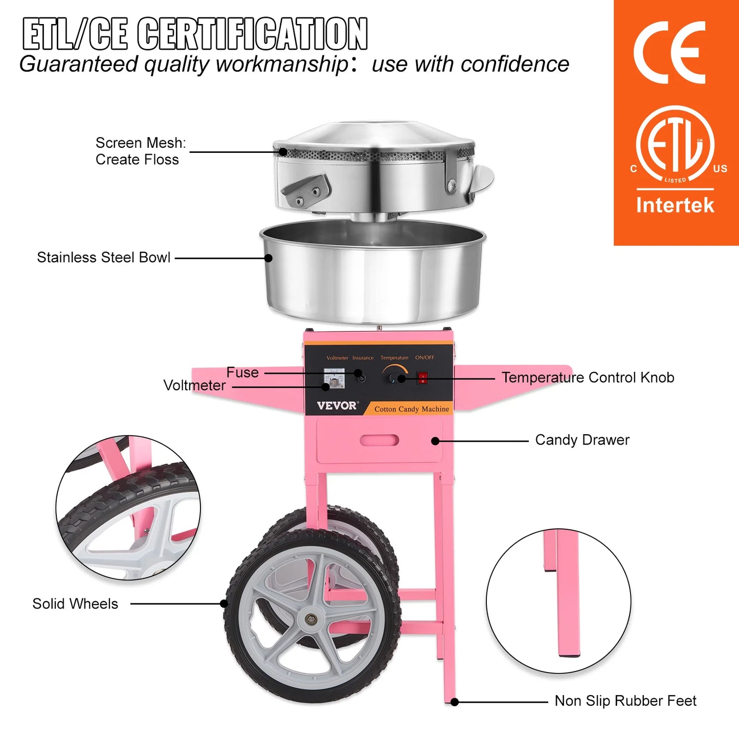 Succebuy 1000W Electric Cotton Candy Machine With Cart Stainless Bowl