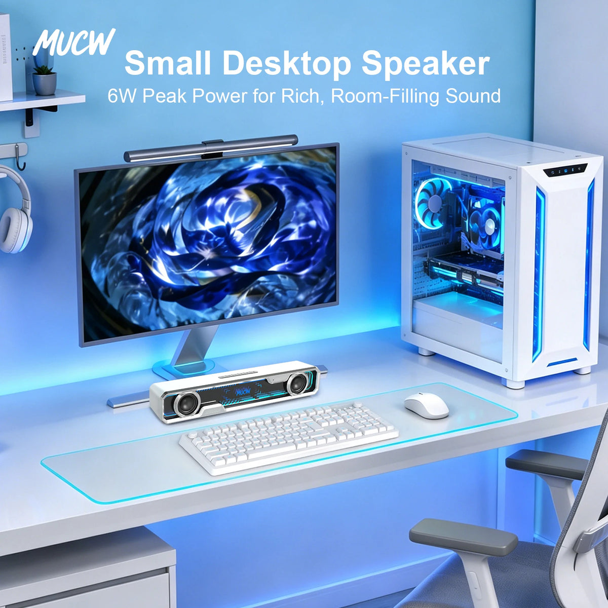 MUCW MU‑C13 Desktop Soundbar 6W Dual‑Driver Stereo Computer Speaker Bluetooth 5.4 & USB Sound Card RGB Gaming Light For PC Monitor Office Gaming