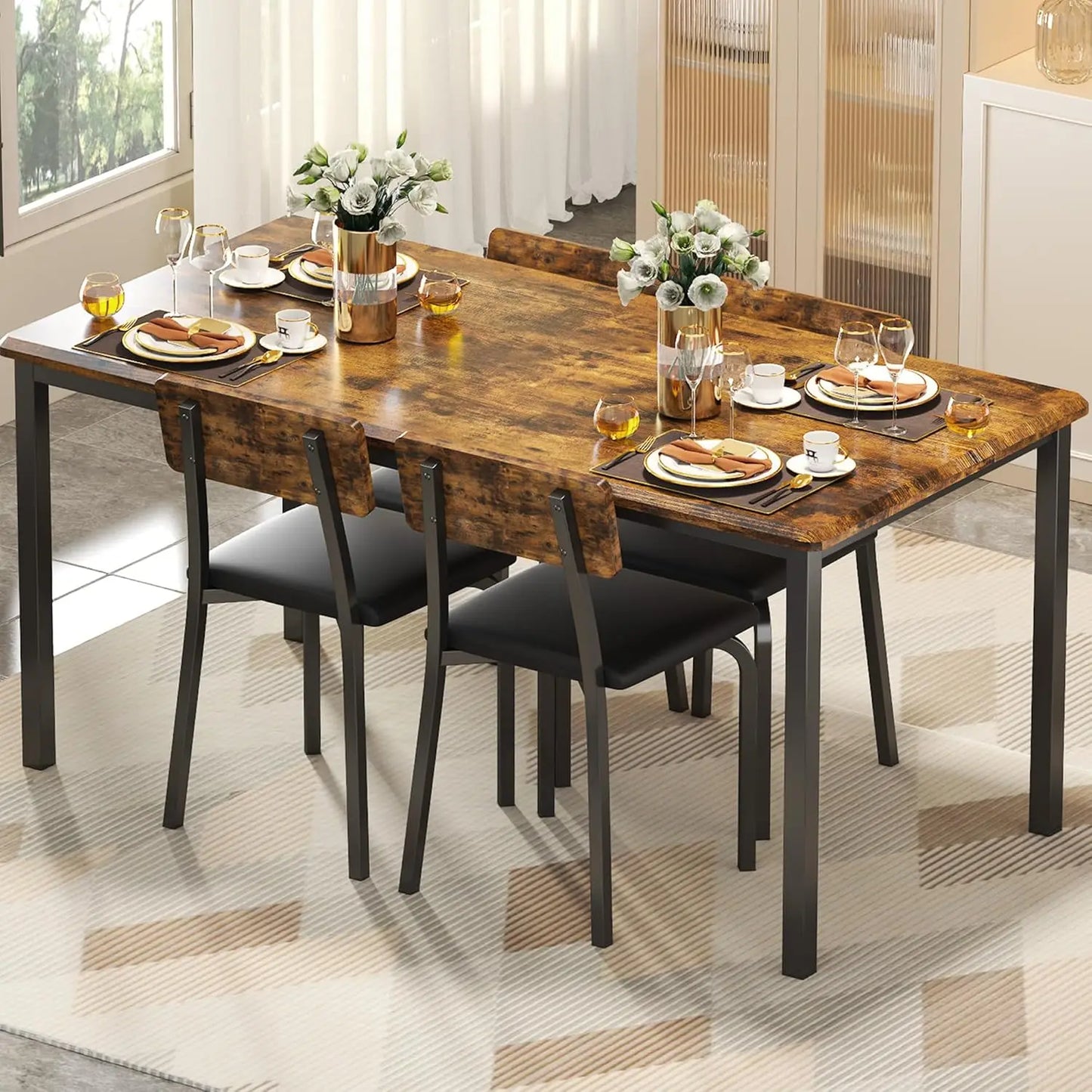 5-Piece 63" Extendable Dining Table with 4 Upholstered Chairs, Kitchen Table Set for 4-8 People, Dining Room Sets, Customized