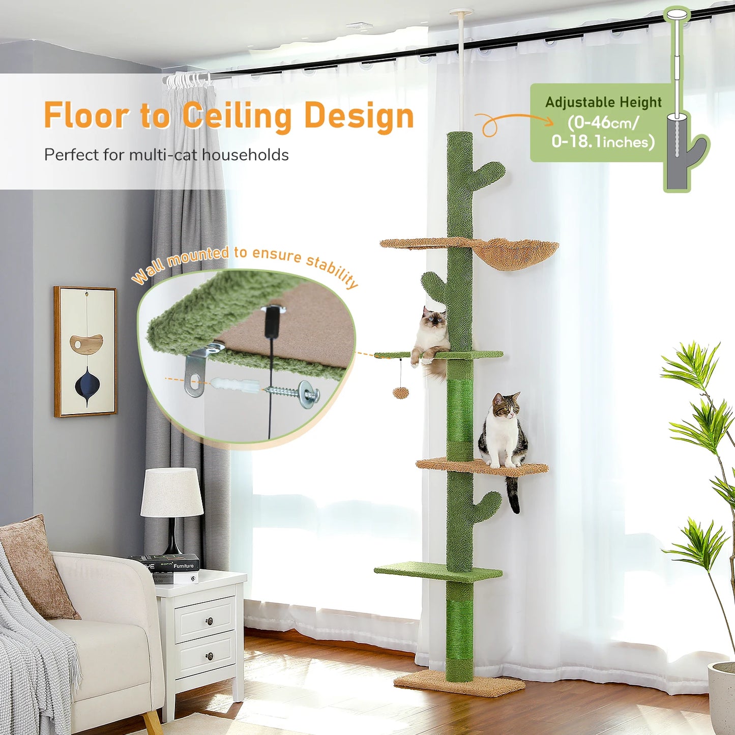 PAWZ Road 5-Tier Cat Tree Floor To Ceiling With Scratching