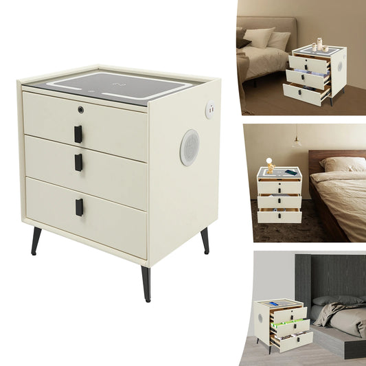 Solid Wood Smart Bedside Table with Drawers - Beige White Nightstand, USB/ Wireless Charging + Bluetooth Speaker