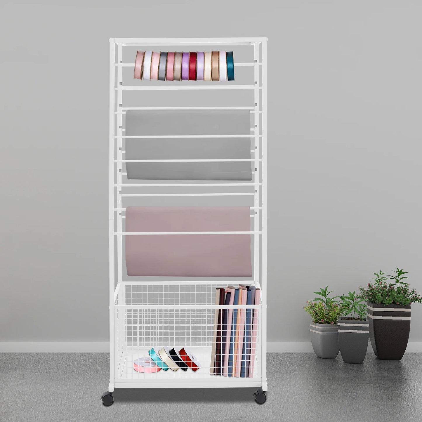 67*32*150cm White 16-layer Ribbon Rack with Top Shelf Flower Wrapping Paper Rack with Rollers Display Rack with Storage Basket