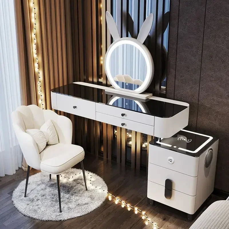 Modern Wooden Makeup Vanity With Wireless Charging And LED Mirror