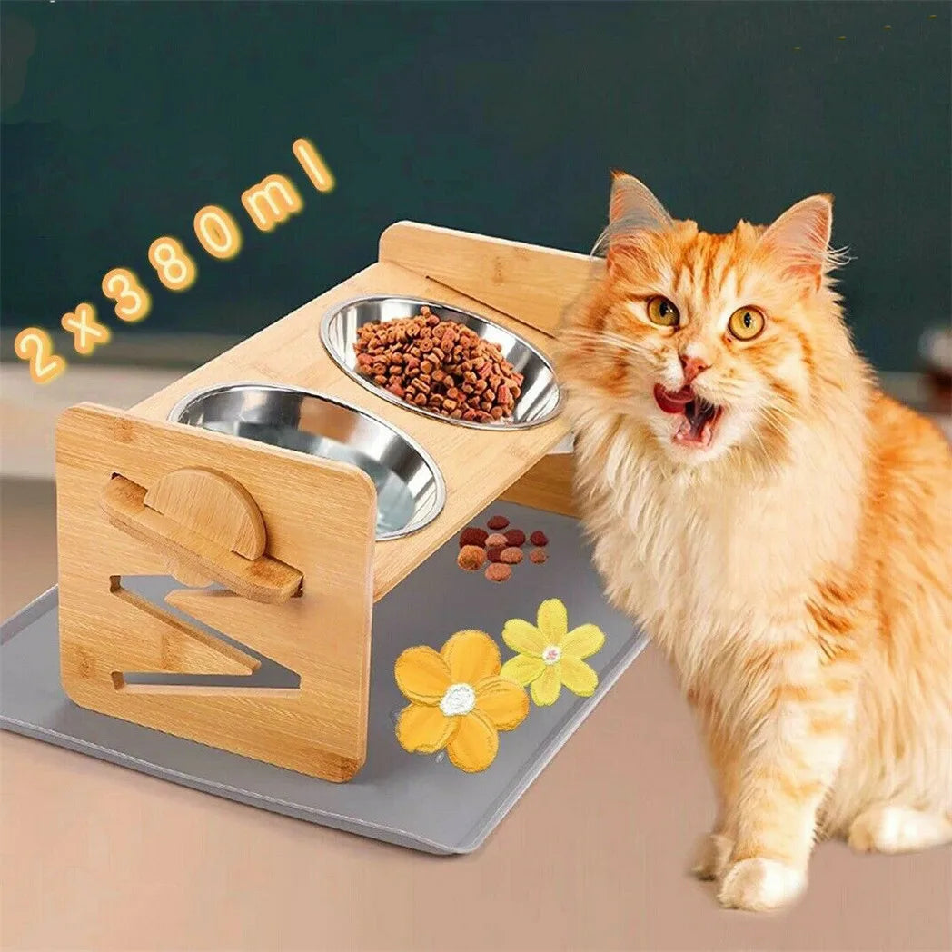 Adjustable Bamboo Elevated Dog Feeding Station With Stainless Steel Bowls
