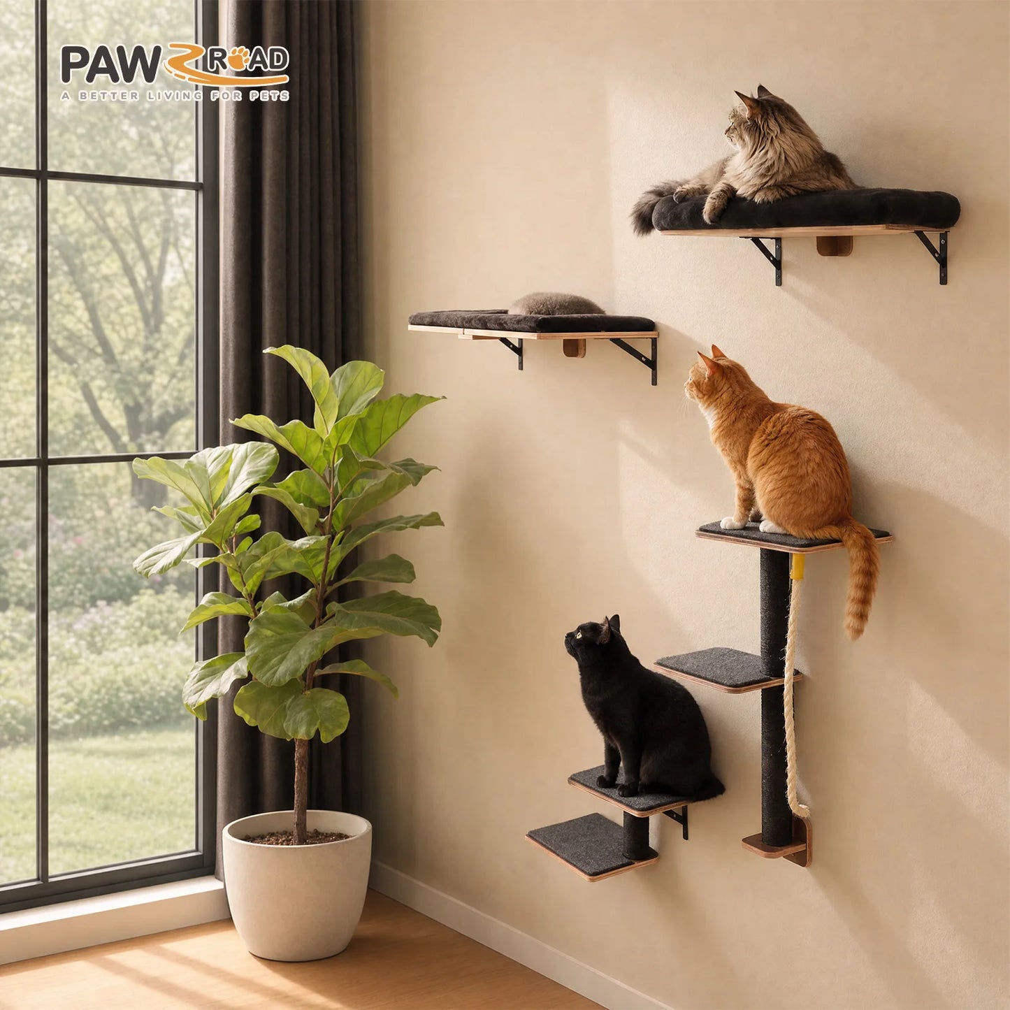 Wooden Cat Climbing Wall Shelves 5-in-1 Cat Wall Furniture with Perches Sisal Scratching Posts & Scratcher Pads Climbing Ropes Modern Climbing Set for Indoor Cats Accessories Cat Toys