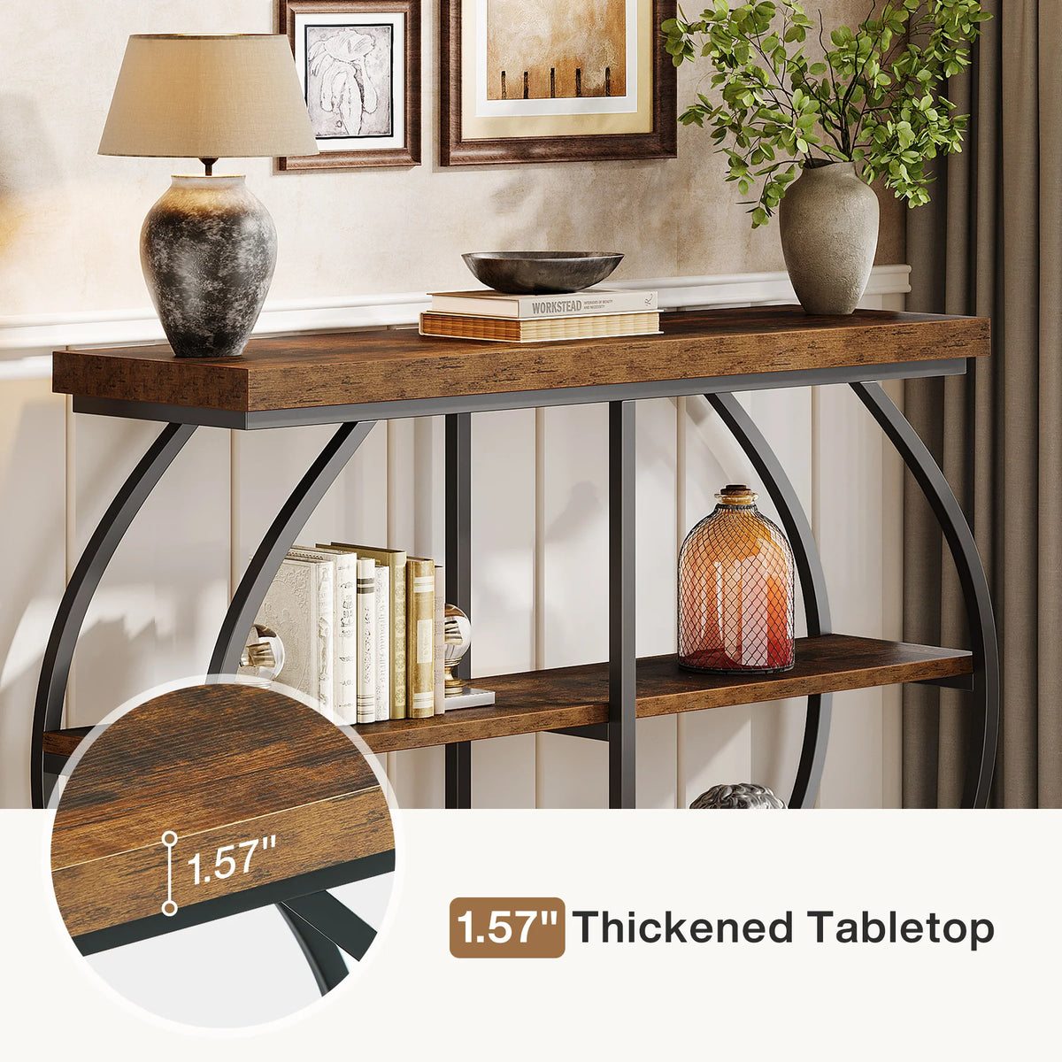 Tribesigns 41.3" Console Table, Industrial 3-Tier Entryway Table with Arched Metal Frame and Storage Shelves for Living Room