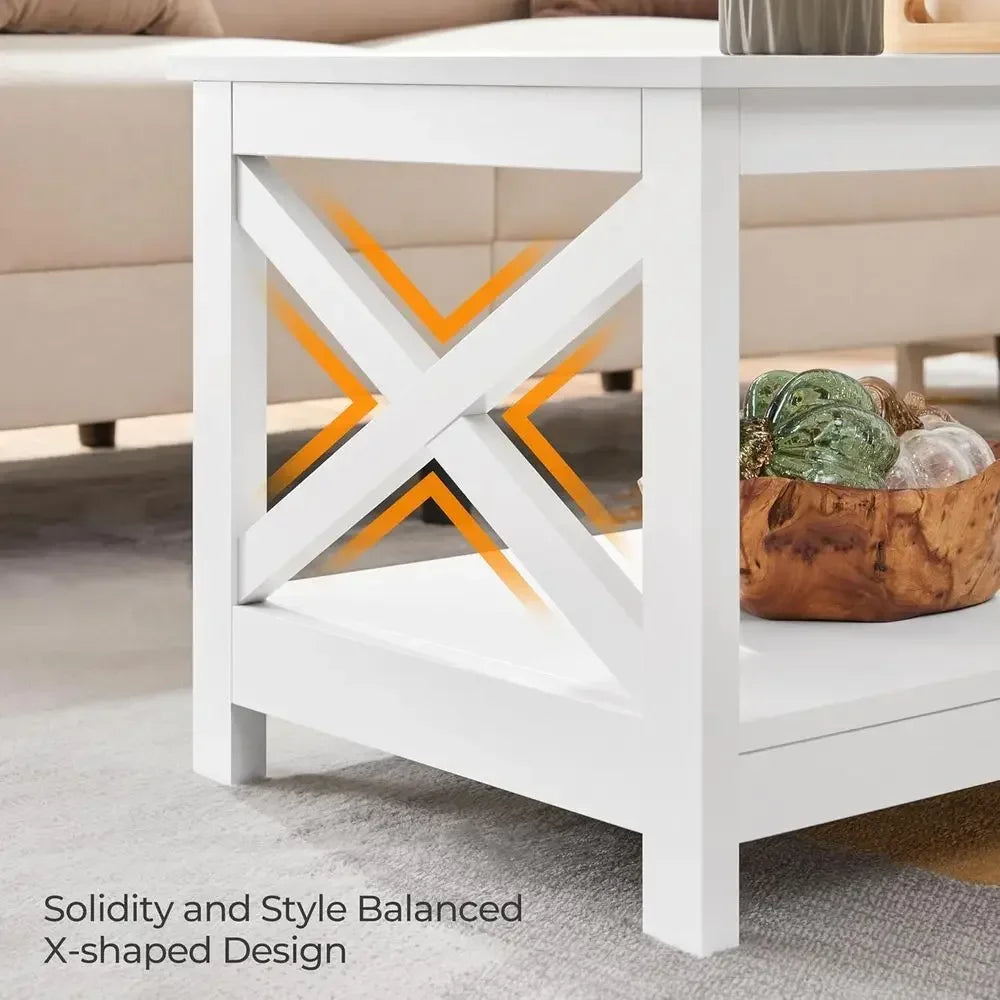 Wood 2 Tier White Coffee Table With Storage Shelves