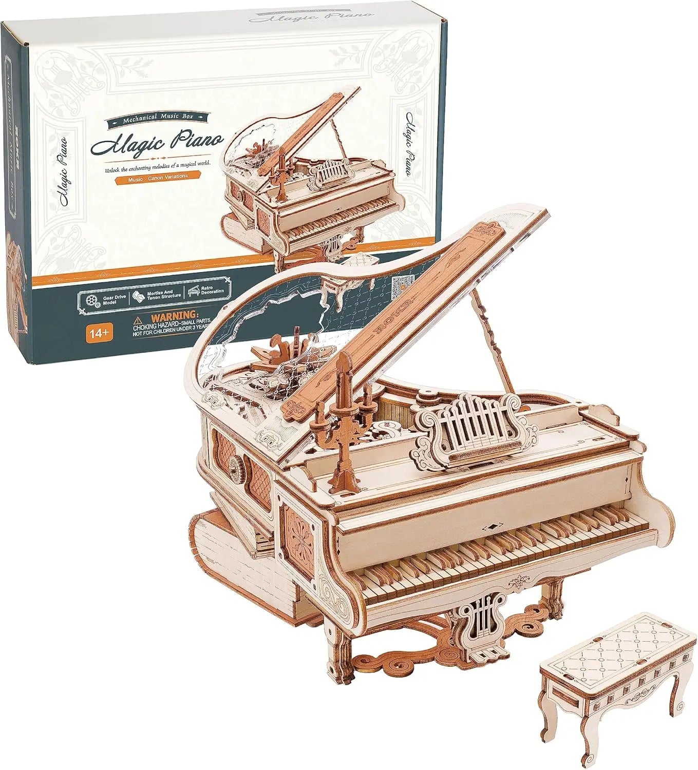 ROKR Magic Piano - 3D Wooden Puzzle, 233-piece Mechanical Music Box, Automatically Playable, DIY Model, Adult Home Decor Gift