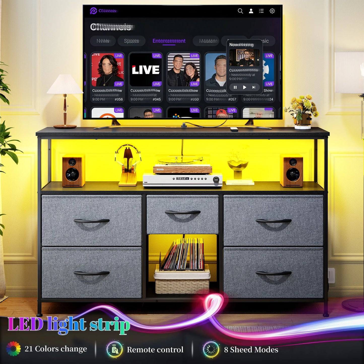 5‑Drawer TV Console with LED Accent Lights – 45/50" Compatible, Metal Frame, Leveling Feet, Scratch‑Resistant Top, Quick Assembly – Spacious Shelves + Fabric Drawers – Ideal for Dorm, Apartment, Living Room Use