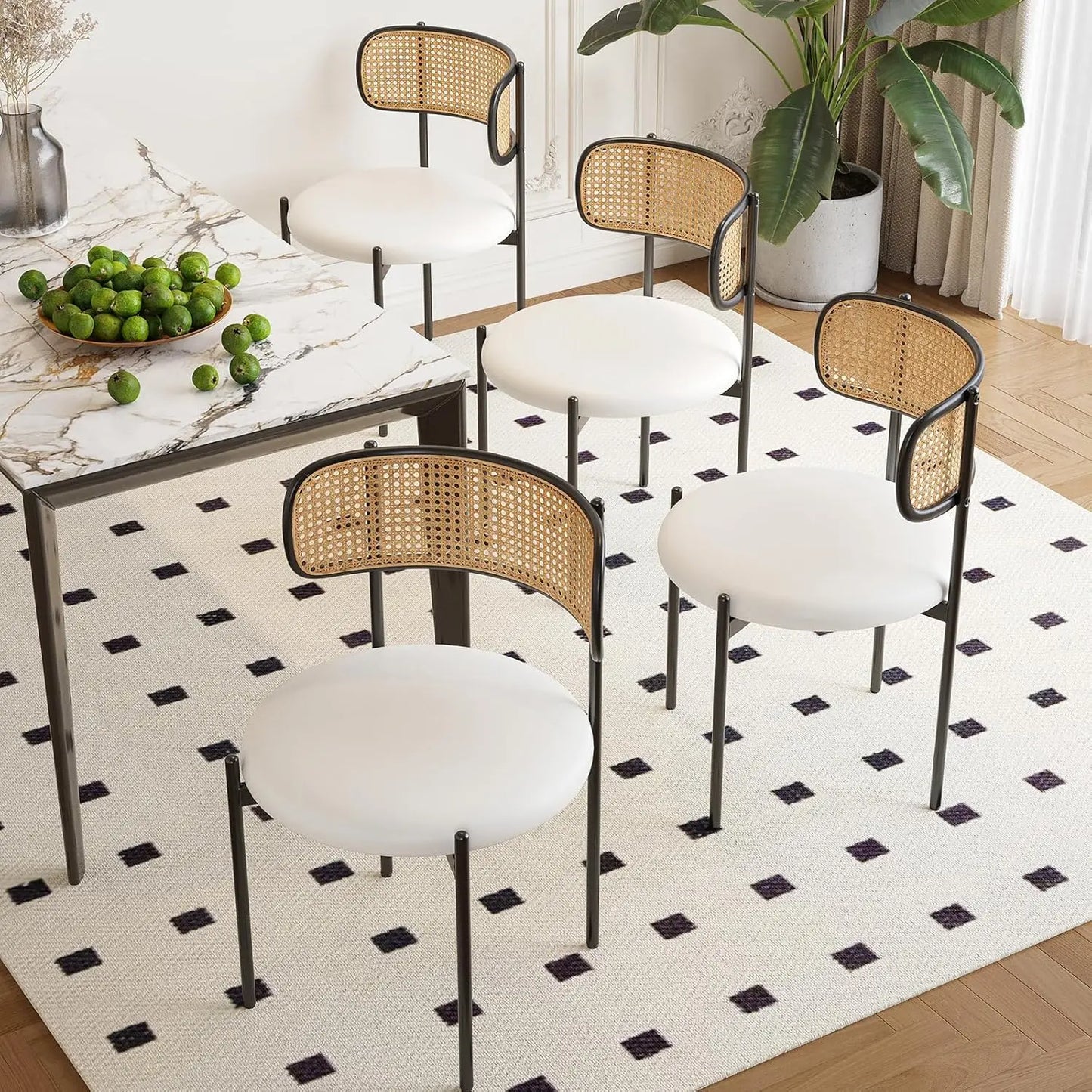 FARINI PU Leather Dining Chairs With Woven Rattan Back And Metal Legs