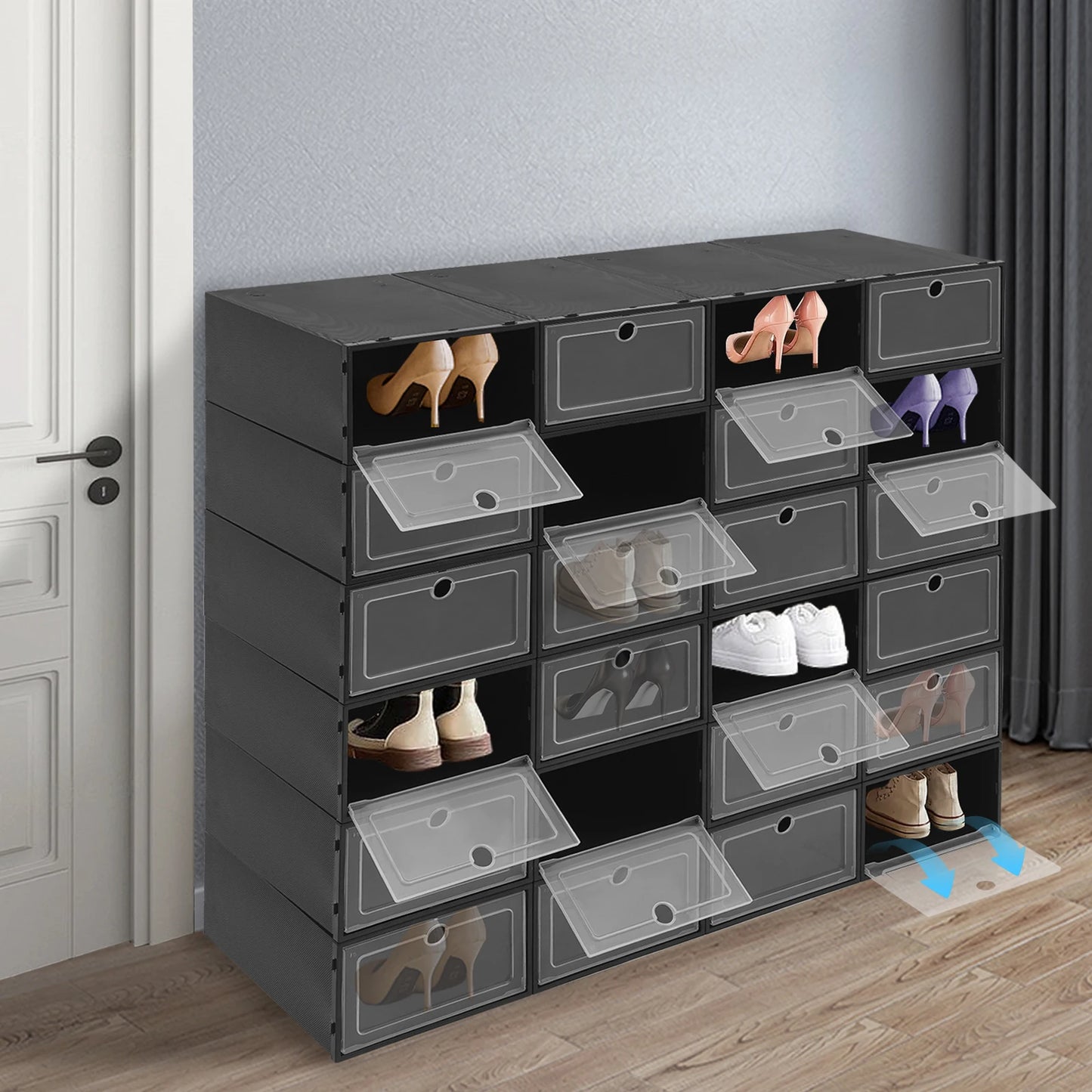 24-Pack Large Black Flip-Top Shoe Boxes - Stackable Clear Closet Organizer Storage Containers for Men & Women - Shoe Organizer