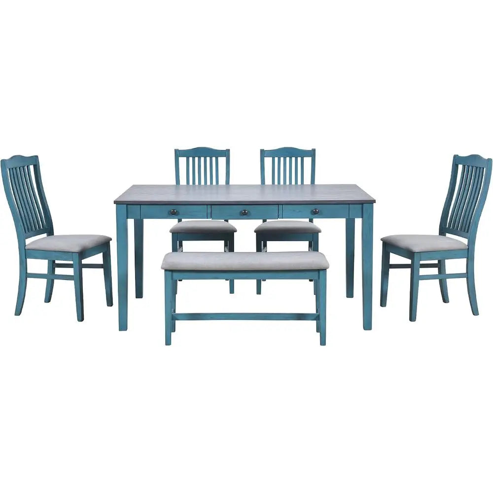 6-Piece Solid Wood Dining Table Set, armhouse Kitchen Table Set with 4 Upholstered Chairs, Bench and Storage Ders or Kitchen, Di