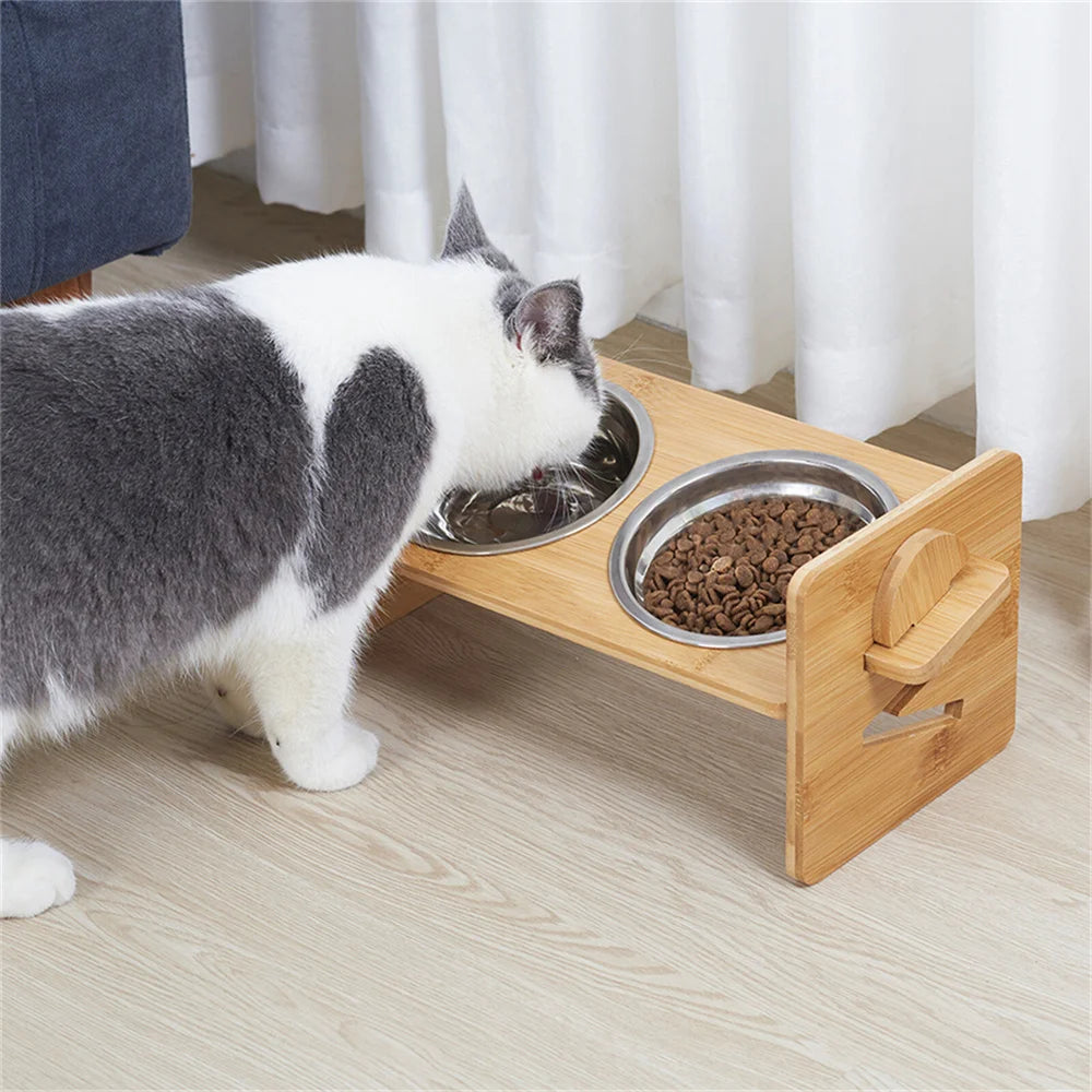 Adjustable Bamboo Elevated Dog Feeding Station With Stainless Steel Bowls