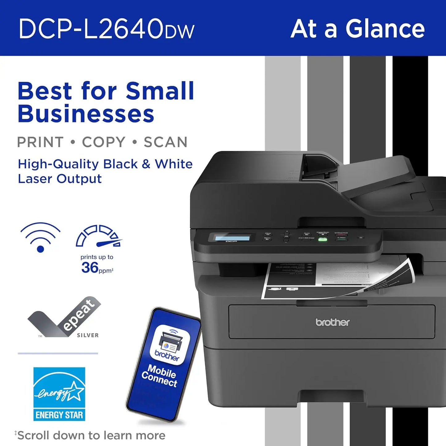 DCP-L2640DW Wireless Compact Monochrome Multi-Function Laser Printer with Copy and Scan