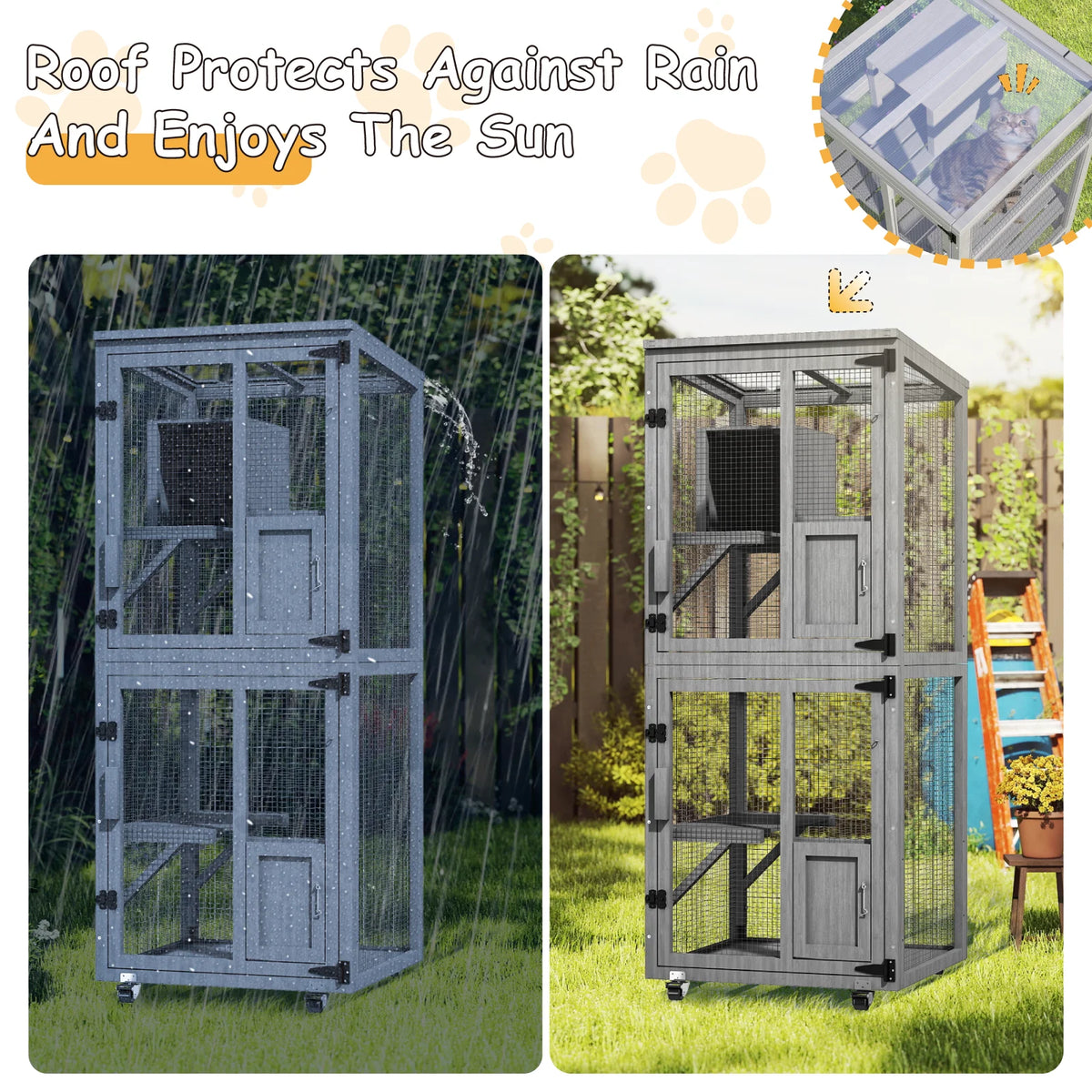 4-Tier Large Outdoor Cat Catio, Cat Enclosure with Wheels, Waterproof Roof, 4 Doors & Resting Box, Grey/Black