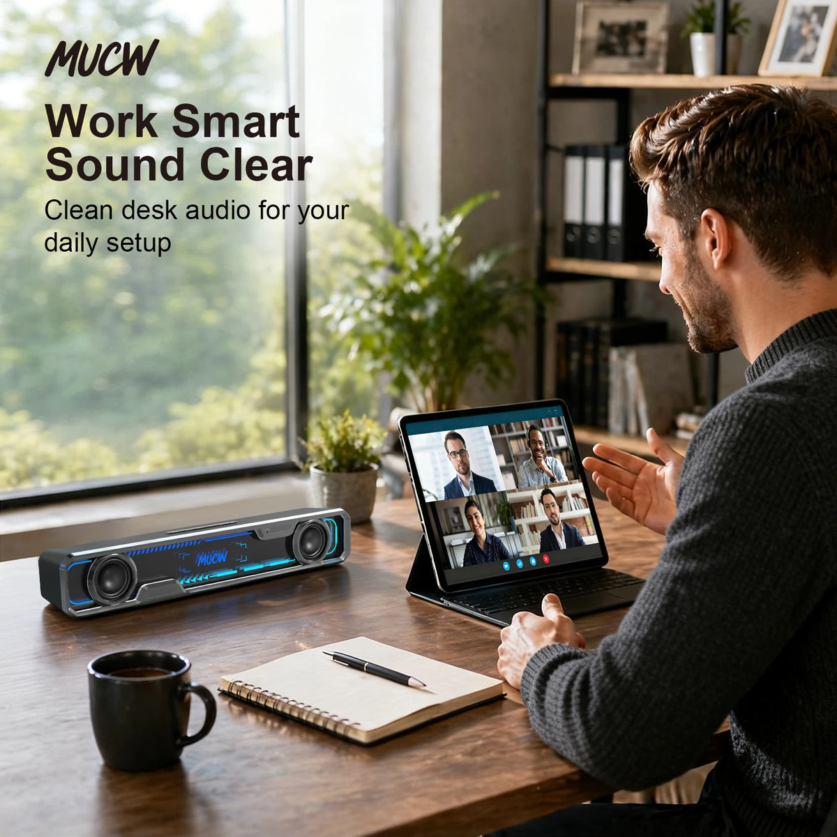 MUCW MU‑C13 Desktop Soundbar 6W Dual‑Driver Stereo Computer Speaker Bluetooth 5.4 & USB Sound Card RGB Gaming Light For PC Monitor Office Gaming