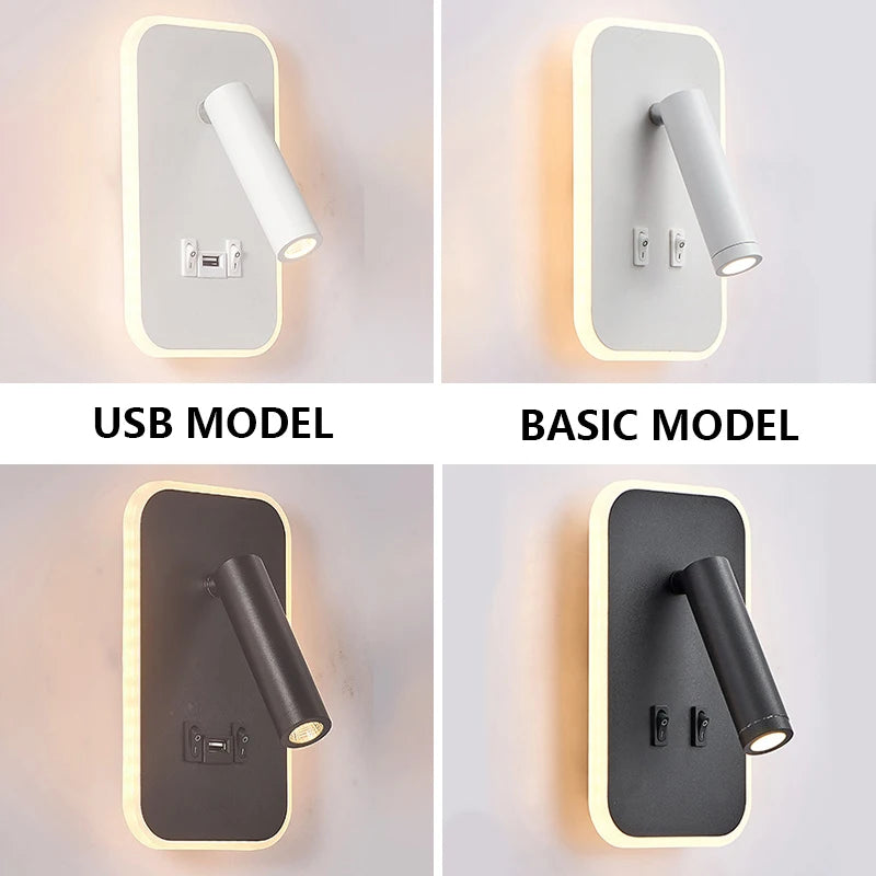 Bedside Reading Wall Lamp Nordic Modern LED Wall Light With Switch USB Indoor Lighting Room Decor For Bedroom Living Room Sconce